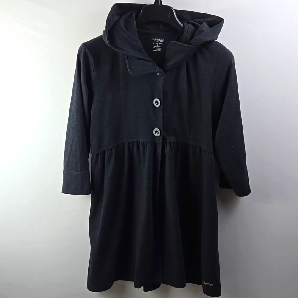 Calvin‎ Klein Women's Gray Button Hooded Cardigan Quick Dry Long Sleeve Sz L